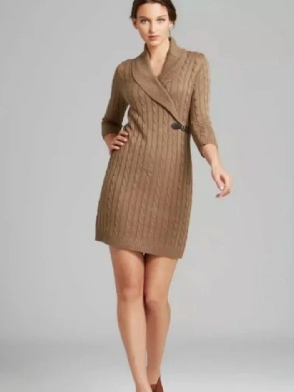 Calvin Klein Tan Cable Knit Sweater Dress with Shawl Collar Size Large